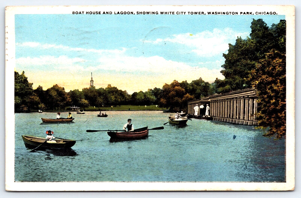 VINTAGE OLD ANTIQUE POSTCARD BOAT HOUSE LAGOON WASHINGTON PARK CHICAGO USA 1917