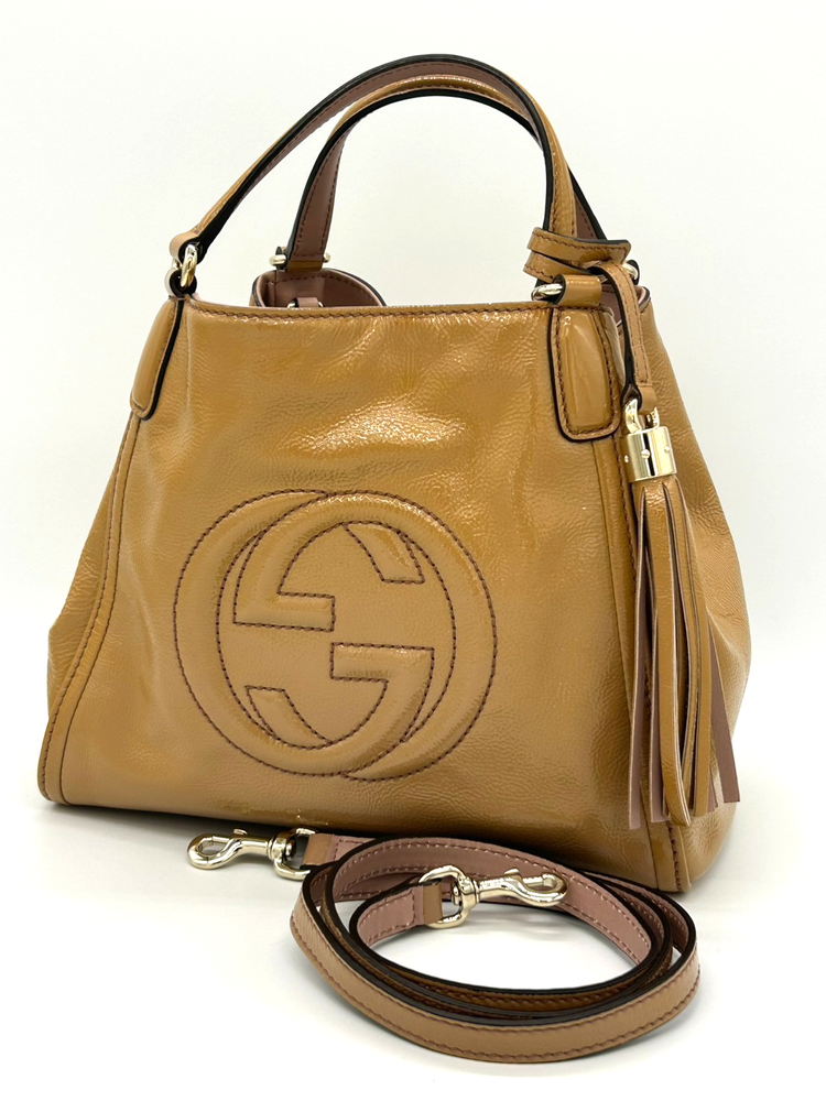 GUCCI Soho Hand Bag Shoulder Bag 2way Interlocking G Enamel Leather Brown Auth