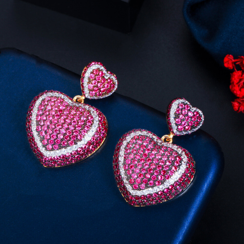 Beauty 2 Tone Fuchsia Cubic Zirconia Stone Dangle Drop Love Heart Shape Earrings