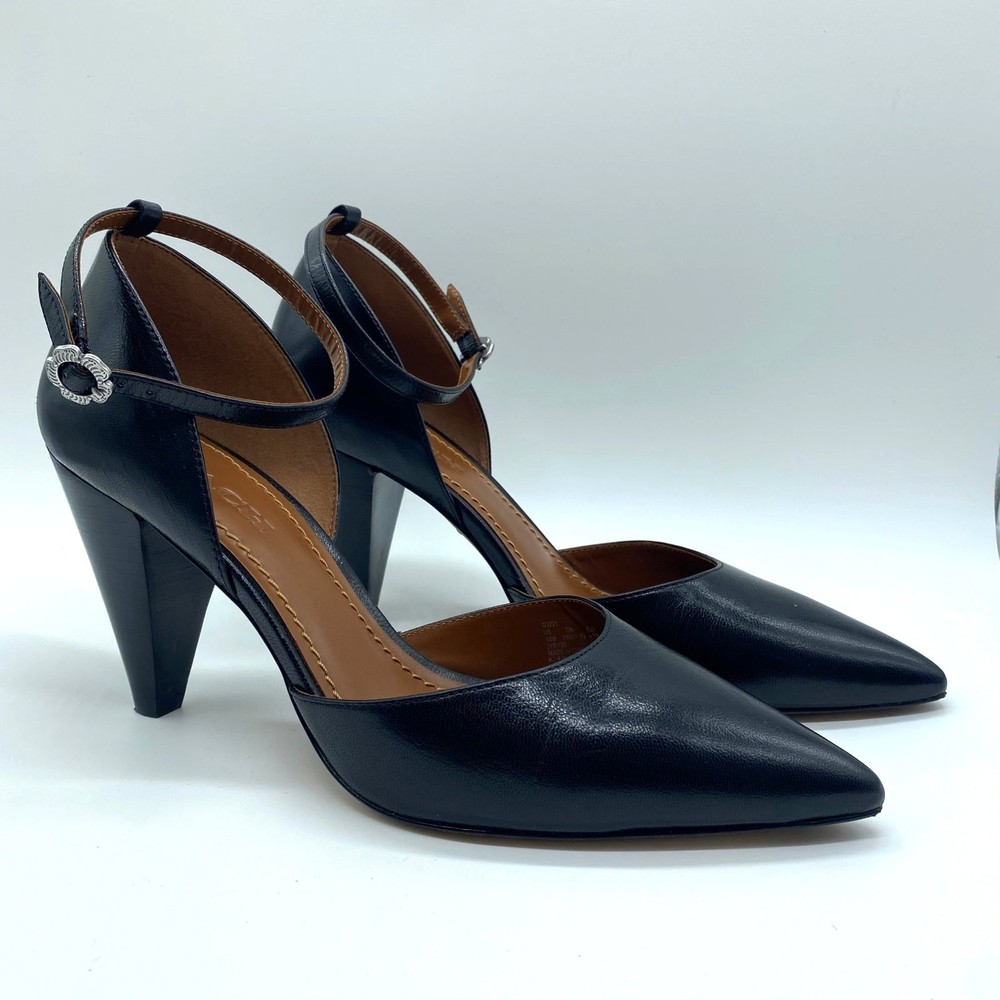 Coach Women's Black Wynne Ankle Strap D'Orsay Pump with Cone Heel & Pointed Toe