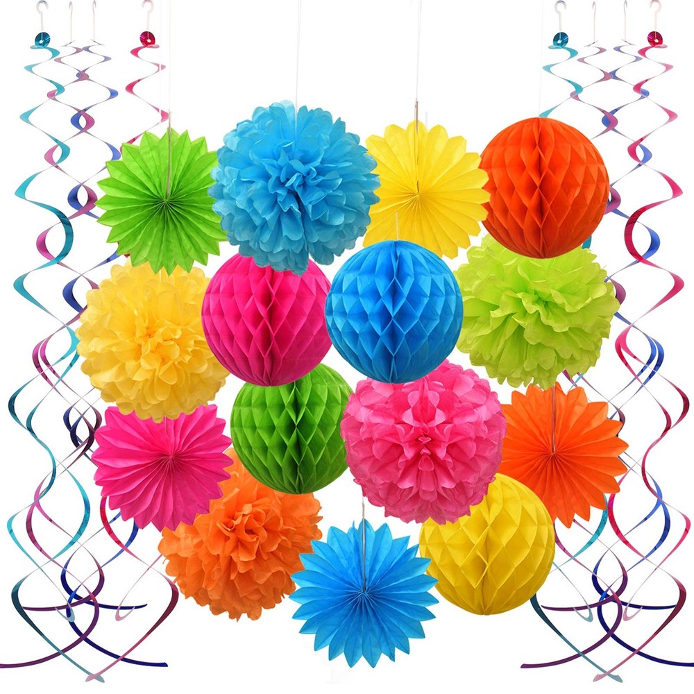 Colorful Paper Party Decorations, Tissue Paper Flower&Party Pom Poms wth Swir...