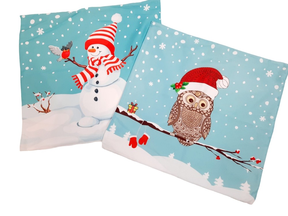 Set of 2 Christmas Throw Pillow Covers Featuring Snowman and Owl in Soft Microfiber