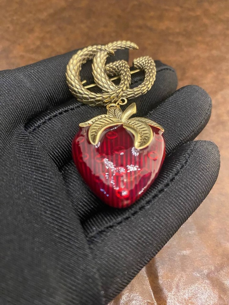 Gucci GG Monogram Gold Red Heart Drop Brooch