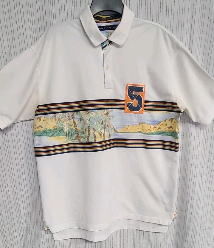 Tommy Hilfiger Shirt Men's 2XL White Polo 5 Beach Tropical Rugby Plam Trees
