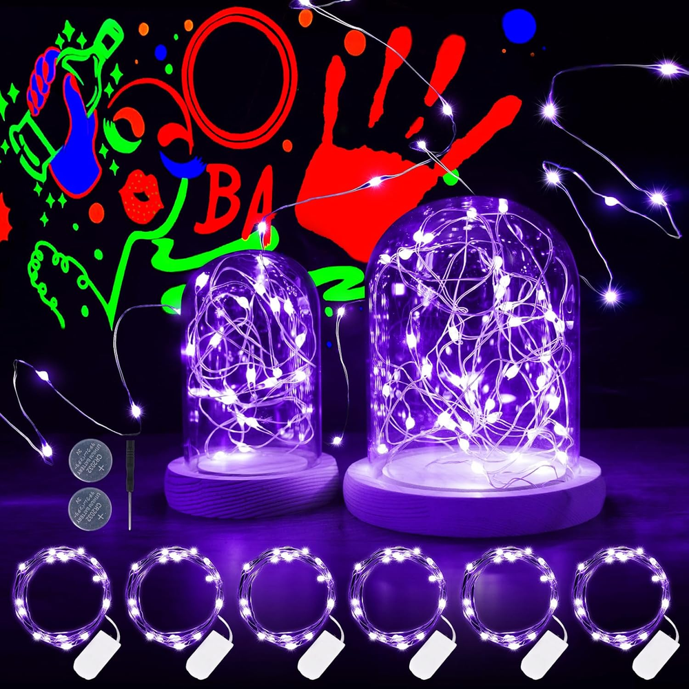 OMIKA 6 Pack 7Ft 20LED UV Blacklight Fairy Lights Battery Operated for Christmas Decor
