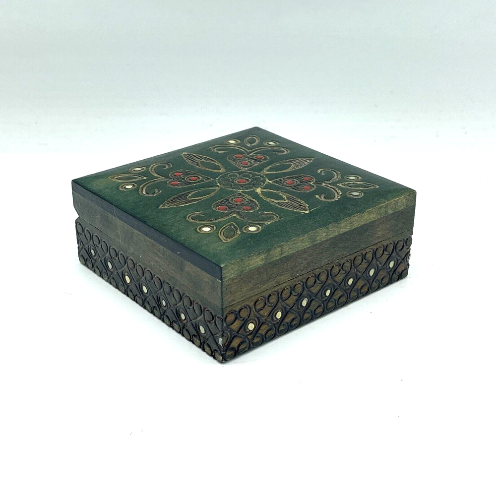 Wooden Carved Hinged Square Trinket Box Wapex Made In Poland Hand Painted