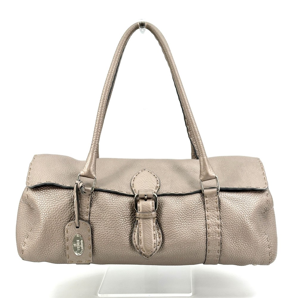 FENDI Selleria Linda Leather Tote Shoulder Bag in Metallic Taupe Authentic Luxury