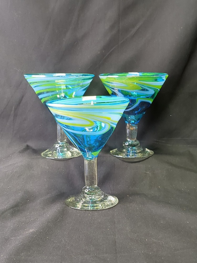 Elegant Hand-Blown Blue White Green Swirl Martini Glass Set of 3
