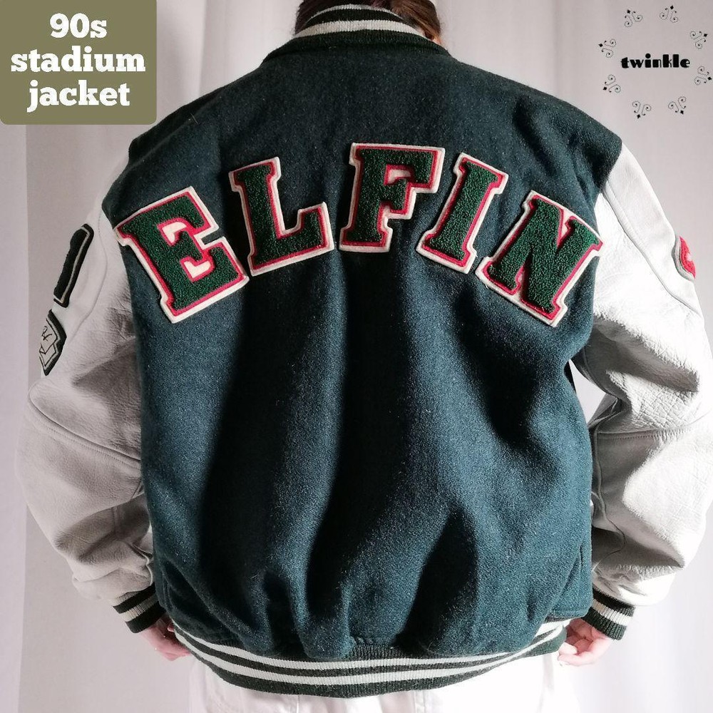 Vintage 90s Japan Wool Leather Dark Green Unisex Stadium Jacket