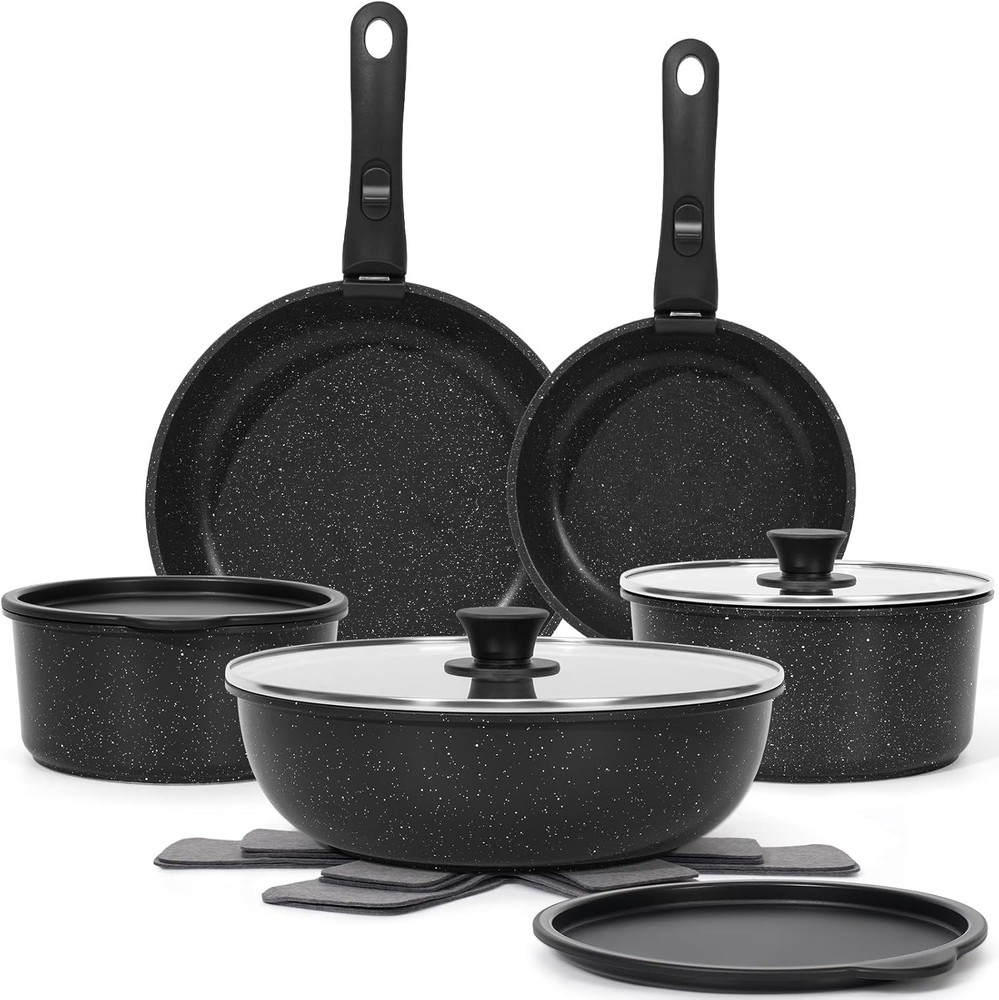15Pcs Non Stick Pots and Pans Set with Removable Handles for Easy Storage
