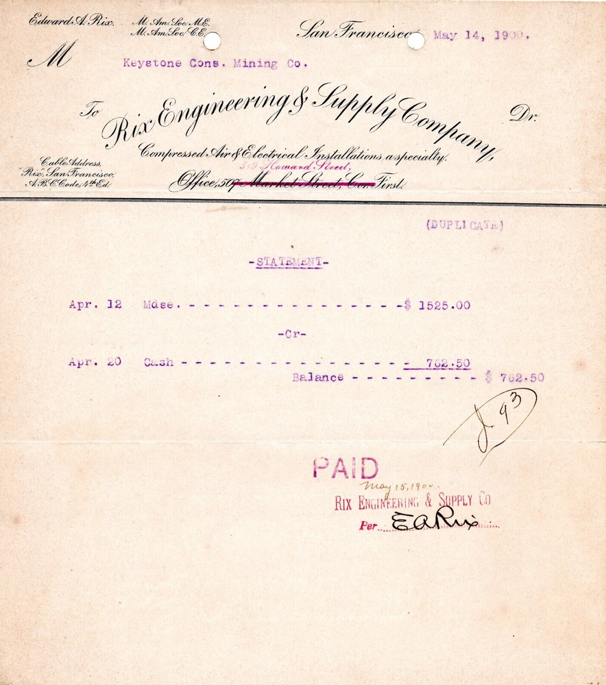 Keystone Mining 1900 Invoice To Rix Engineering & Supply Company (A1)