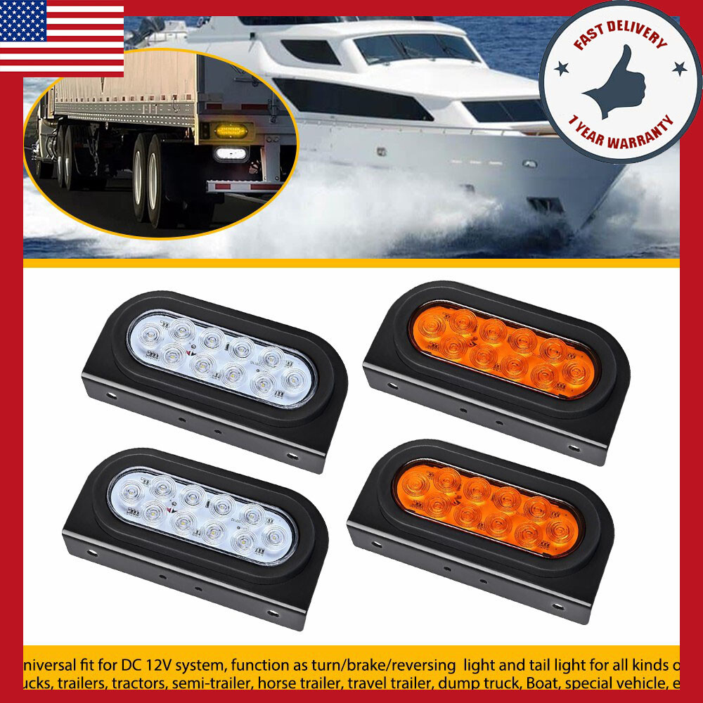 4X6 Inch White Oval Amber Trailer Lights, Waterproof w/ Mounting Bracket, 4PCS Set