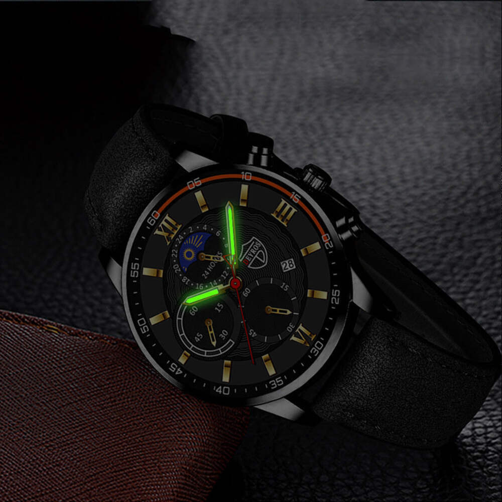 Men's Leather Belt Watch with Automatic Calendar, Luminous Quartz Movement, Fash