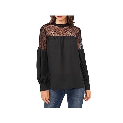 Vince Camuto Blouse Womens Size S Black Sheer Lace Mock Neck Balloon Sleeve $89