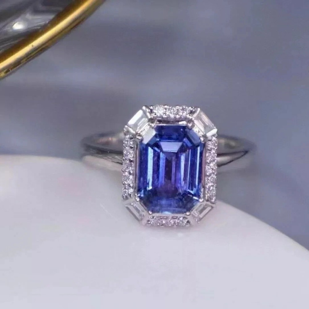 2.25 CT Emerald Cut Tanzanite Halo Wedding Ring 14k White Gold