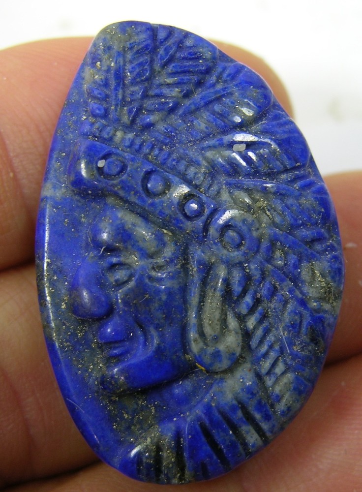 #2 Afghanistan Natural Lapis Lazuli 70.50ct Indian Head Carving 14.10g 35.00mm