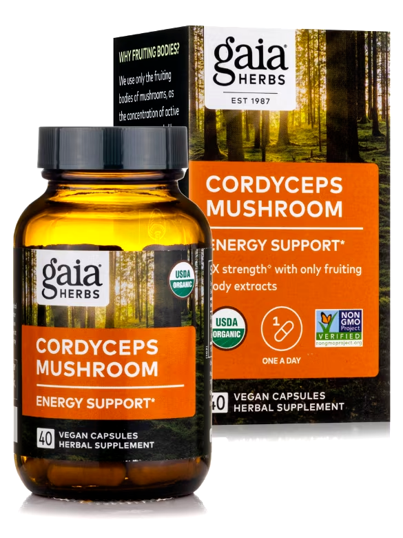 GAIA HERBS CORDYCEPS MUSHROOM ENERGY SUPPORT 5X STRENGTH 40 VEGAN CAPS BB: 01/27