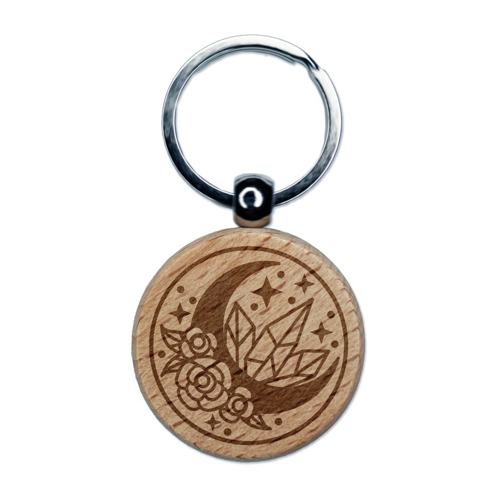 Floral Moon Crystals Engraved Wood Round Keychain Tag Charm