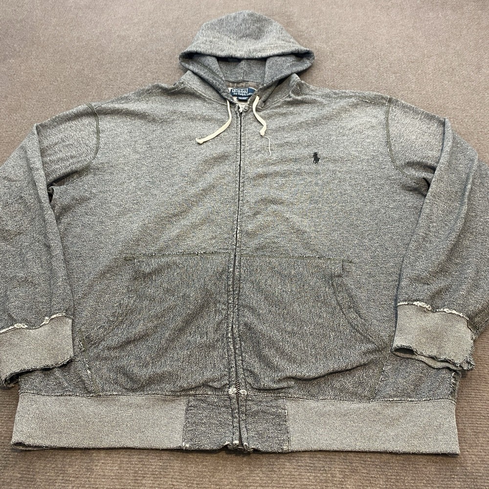 Polo Ralph Lauren Jacket Hoodie Men's Size XLT Gray Distressed Vintage 90s Y2K