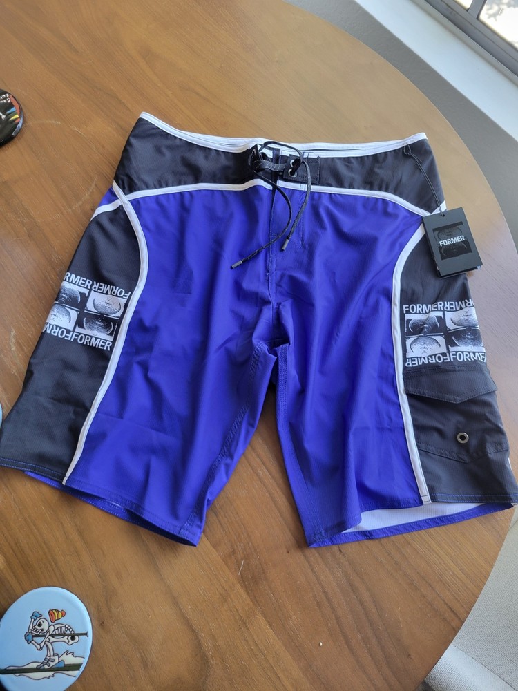 FORMER Men's Board Shorts Size 32 Blue Black White Geometric Drawstring Pockets