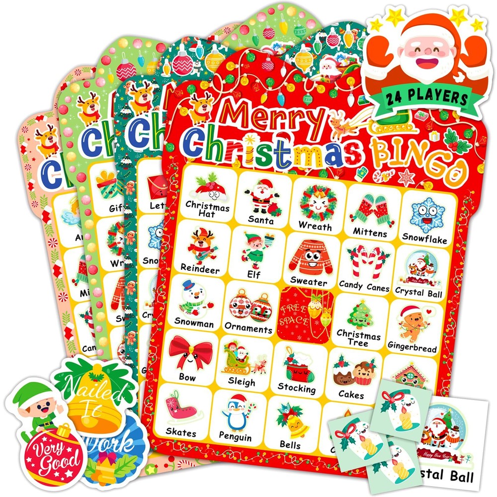 Festive Christmas Bingo Game for Kids with 24 Player Cards and Holiday Party Fun  