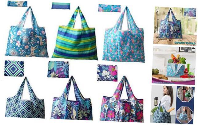 6 Pack Reusable Grocery Shopping Tote Foldable Bags with Pouch, Large
