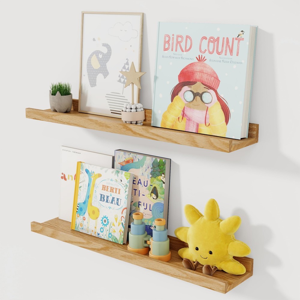 Solid Ash Wood Picture Ledge Shelf, 24 Inch Wood Floating Shelves with Lip Se...