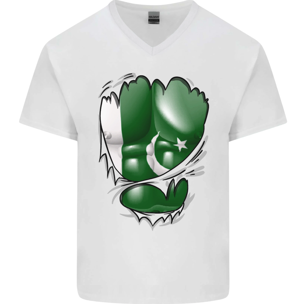 Gym The Pakistan Flag Ripped Muscles Effect Mens V-Neck Cotton T-Shirt