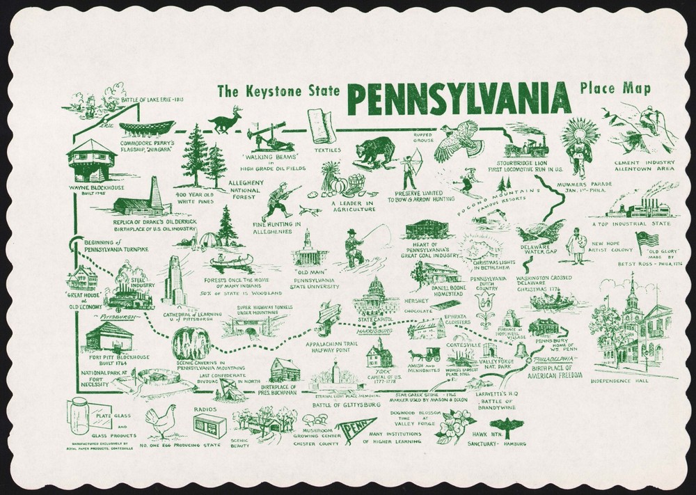 Vintage placemat PENNSYLVANIA The Keystone State picturing various landmarks