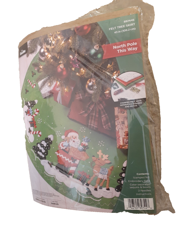 SALE- North Pole This Way Tree Skirt -Felt Applique Christmas Kit- Bucilla 89744