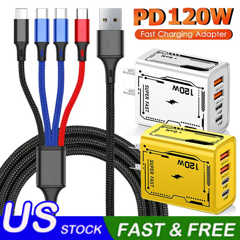 120W Fast Type C Wall Charger & 4FT 4 in 1 Cable For iPhone 16 Pro Max 15 14 13