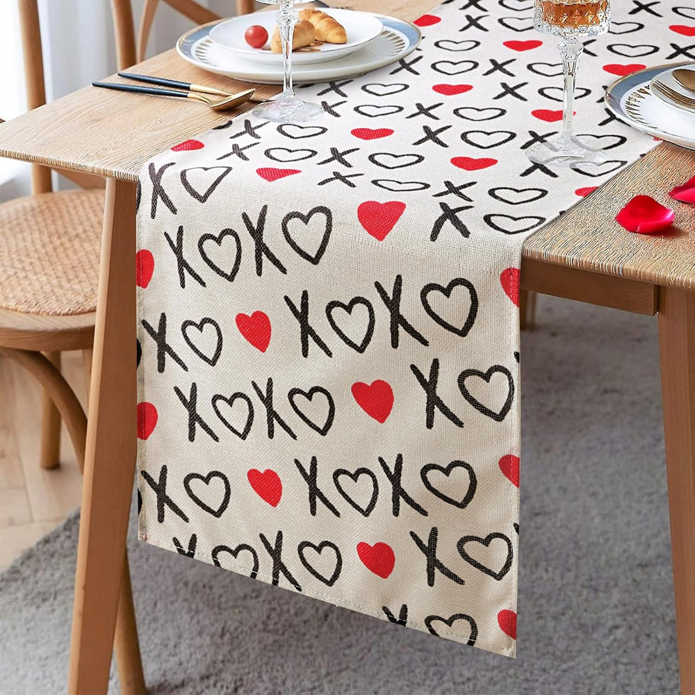 Valentine's Day Red Hearts XOXO Love Table Runner for Festive Decor