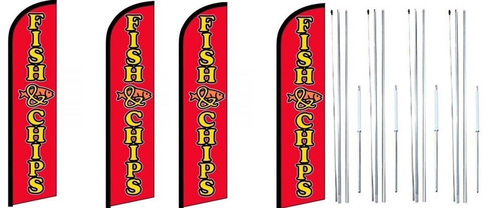 Fish & Chips  Windless Flag With Complete Hybrid Pole set- 4 pack