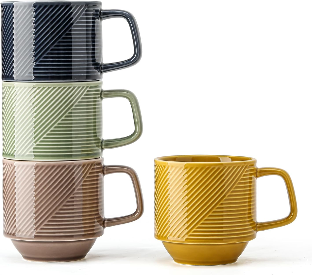 Stackable Coffee Mugs Set: 13 Oz Stacking Coffee Cups Ceramic for Mocha Latte Ca