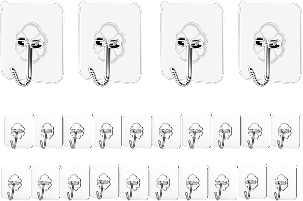 Adhesive Hooks Kitchen Wall Hooks - 24 Packs Heavy Duty 24lb(Max) Nail Free Tran