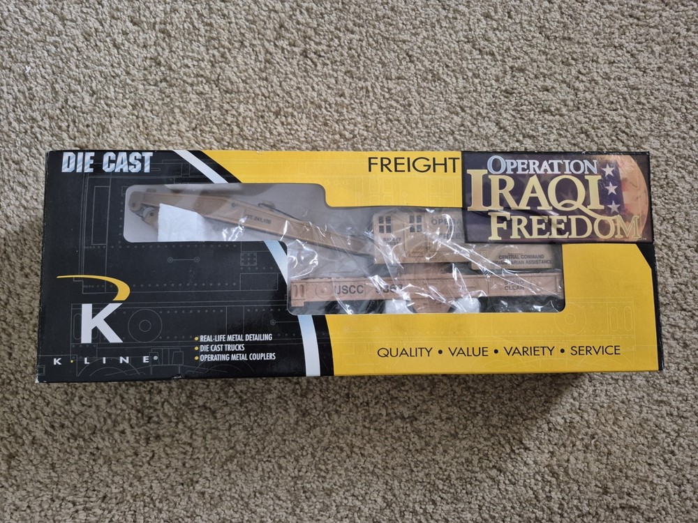 K line Operation Iraqi Freedom Flat Car W/ Crane.  New Old Stock. Free Shipping