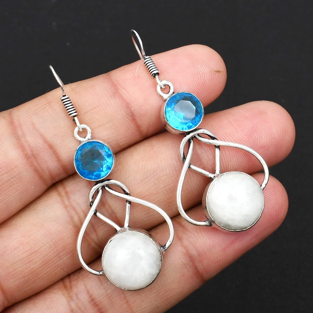 Moonstone Blue Topaz Gemstone Handmade Drop Dangle Earrings Jewelry EE-005