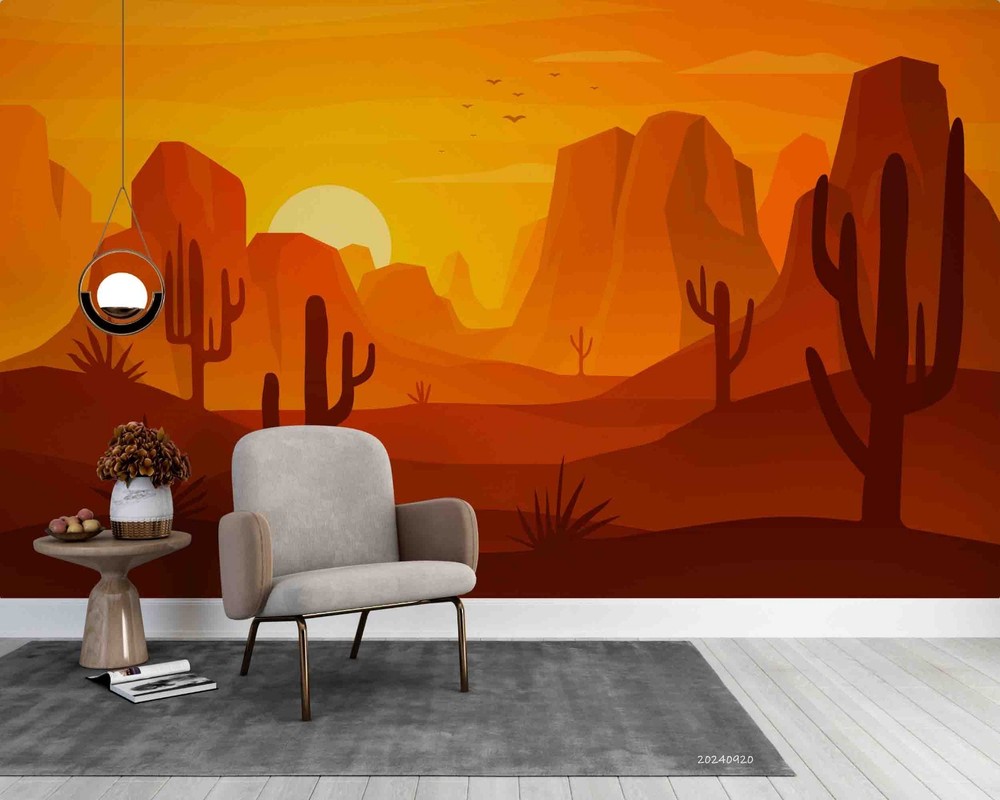 3D Desert Cactus Sunset Illustration Wall Murals Wallpaper Murals Wall Sticker