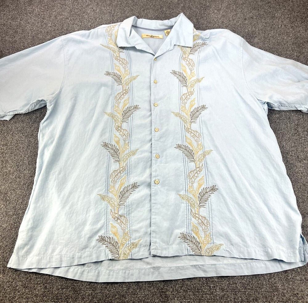 Tommy Bahama Guayabera Shirt Mens XXL Blue Floral Embroidered Hawaiian Linen