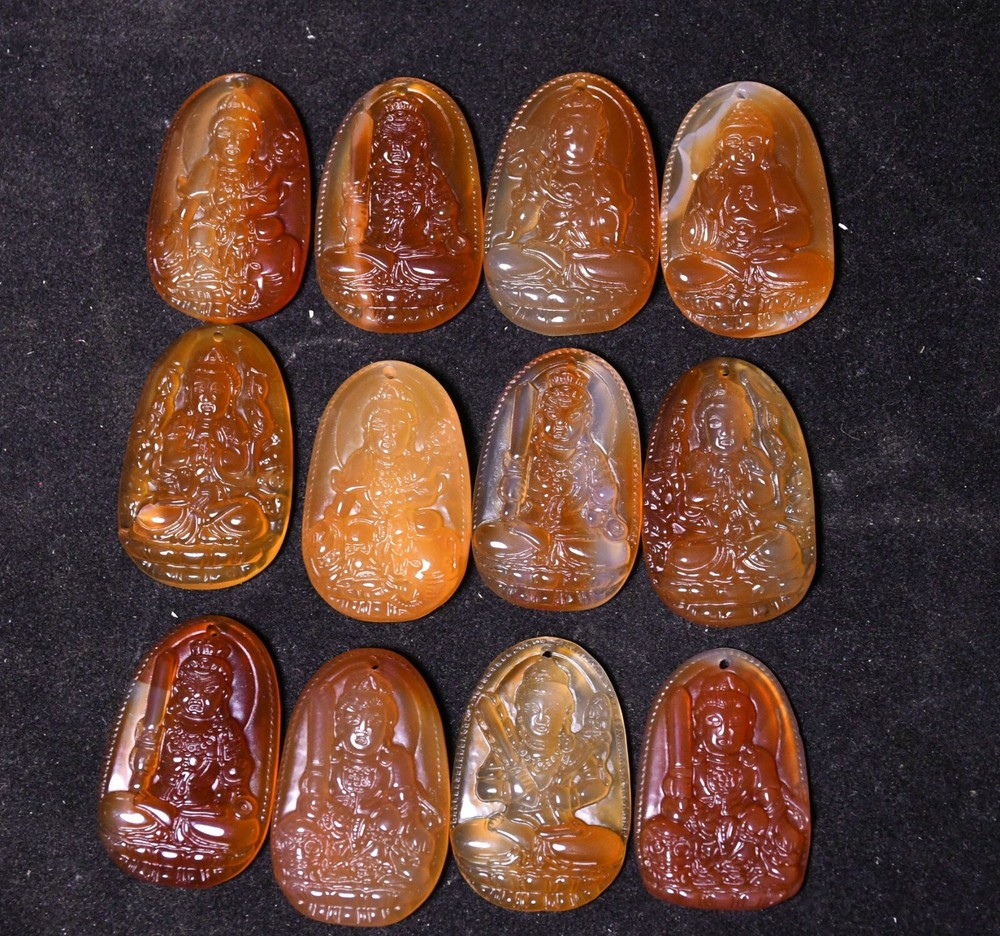 3.8CM China Agate Onyx Carved Kwan-yin Shakyamuni Buddha Amulet Pendant Set