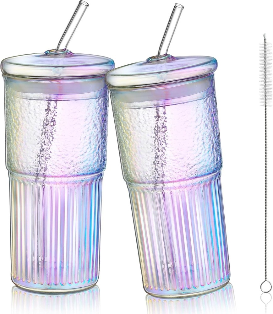 Colorful Ribbed Glasses with Straws & Lids for Drinks  