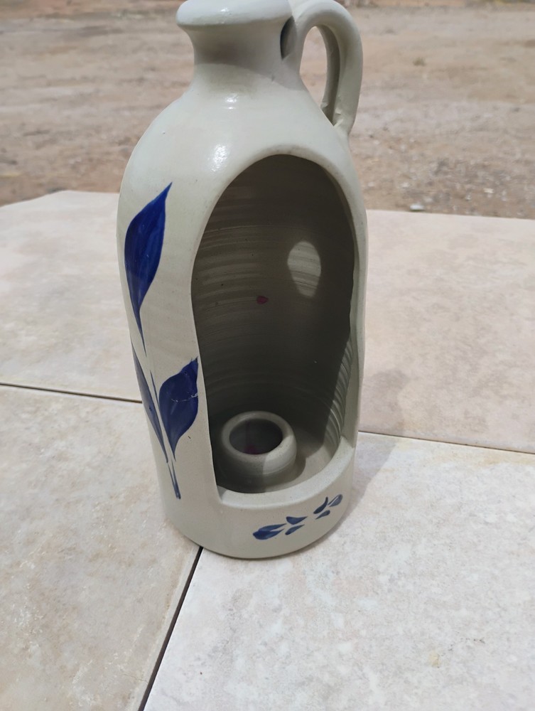 Williamsburg Pottery Blue Leaf Gray Salt Glaze Colonial Jug Candle Holder