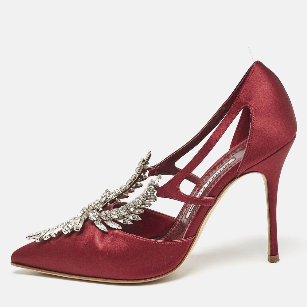 Manolo Blahnik Burgundy Satin Lala Pumps with Crystals Size 38