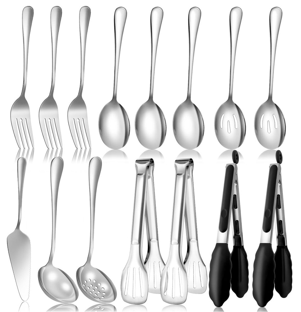 Silver Stainless Steel Serving Utensils Set for Large Parties and Events