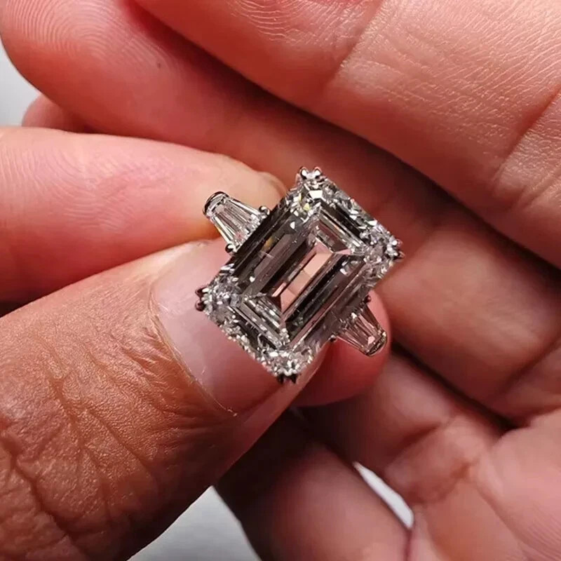 3.55 Ct Emerald Cut Moissanite Three Stone Engagement Ring 14K White Gold