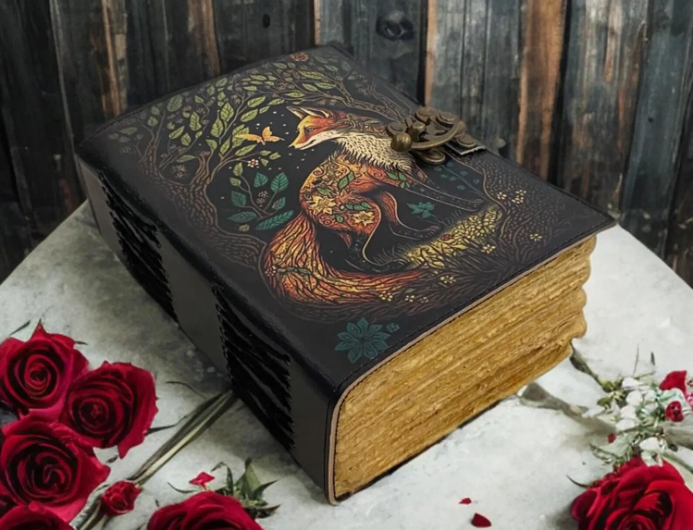 Fox Leather Journal Rustic vintage leather - book of shadows Grimoire leather