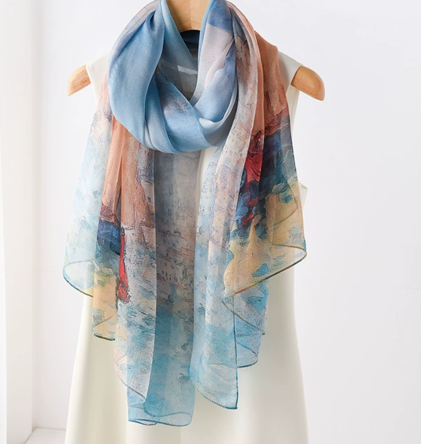 Silk Mulberry Neckerchief Bandanna Shawl 178x110cm Blue Mountain Print