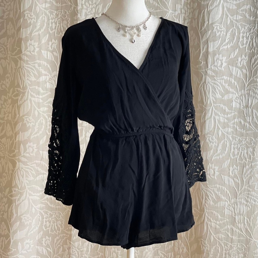 Millau Black Long Sleeve Crochet Romper Boho Bell Sleeve Plunge Back Playsuit XS