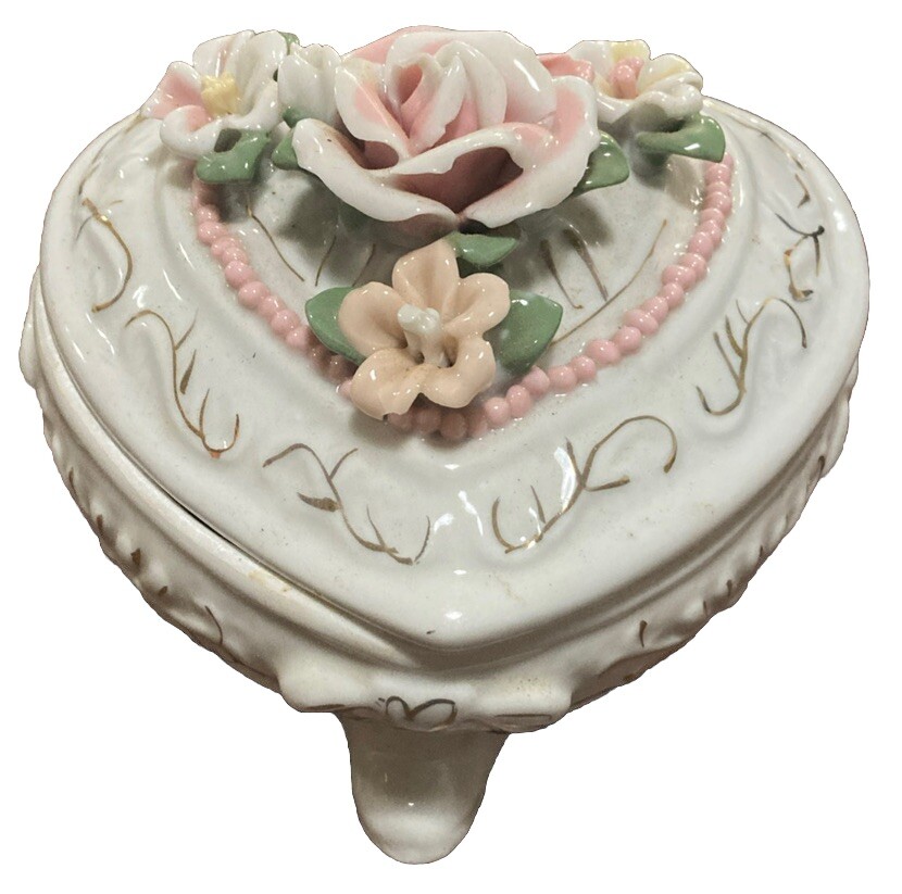 Vintage Ceramic Oval Rose Design Trinket Box 4B