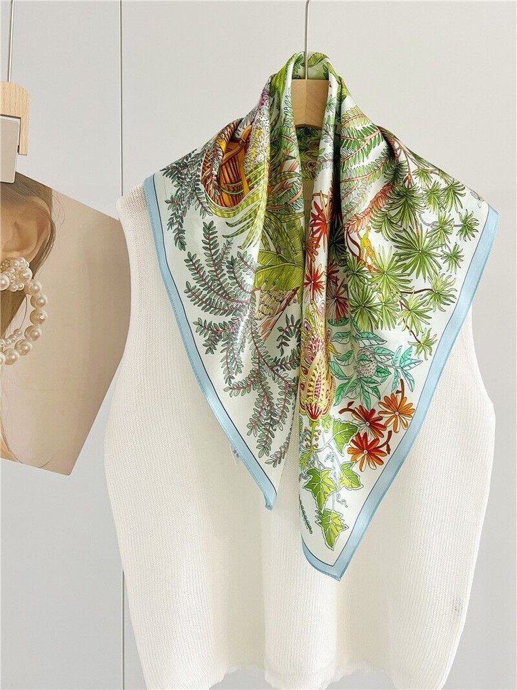 Flower Tree Print 100% Mulberry Silk Shawl Scarf Kerchief Hairband in Blue 26 Inch Luxury Accessory